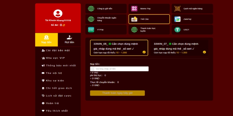 Hướng dẫn nạp tiền 33win cho từng phương thức cụ thể